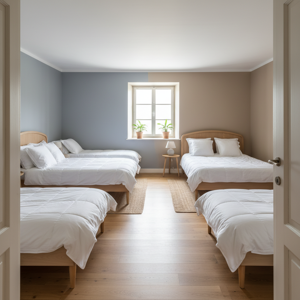 A pair of neatly arranged gîte bedrooms, each furnished with a classic double bed and two minimalist single beds, all with crisp white linens and pale wooden headboards. The walls are painted in a muted, elegant palette that reflects soft overcast light streaming in from a small window. Decorative details are minimal—the focus is on clean lines and uncluttered surfaces. The photographic composition is balanced, shot from a doorway to give a sense of spaciousness and calm. The mood is restful and sophisticated, aligning with the refined charm of a high-quality seasonal mountain rental.
