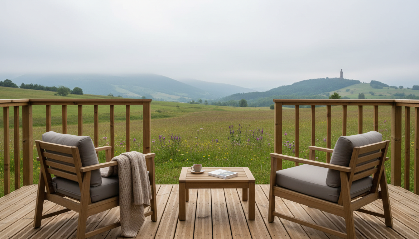 A serene exterior view from the private terrace of a gîte, featuring elegant simple outdoor furniture crafted from matte-finished wood and muted cushions. The terrace overlooks sweeping meadows leading up to misty piémont hills, with the iconic silhouette of the Vierge du Bédat visible on a distant rise. Overcast, diffused natural light enhances the subtle color transitions in the landscape. Captured from a low, wide angle to enhance depth and draw the eye toward the rolling horizon. The atmosphere is tranquil and contemplative, with a minimalist and refined aesthetic, perfect for a quiet mountain escape.