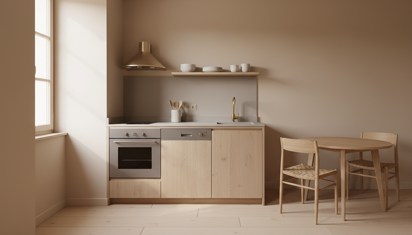 A cozy, minimalist living space inside the gîte showing a refined open-plan area with pale wood flooring and soft beige walls. The focal point is a compact kitchenette with a gleaming small oven and an integrated dishwasher, tastefully complemented by subtle metallic and ceramic fixtures. Gentle natural light filters through a nearby window, creating understated gradients across smooth surfaces. The setting is uncluttered, with carefully placed kitchen utensils and a small dining table awaiting use. Captured in photographic realism with a balanced composition and shallow depth of field, the mood is warm, functional, and elegantly inviting, reflecting sophisticated seasonal rental living.