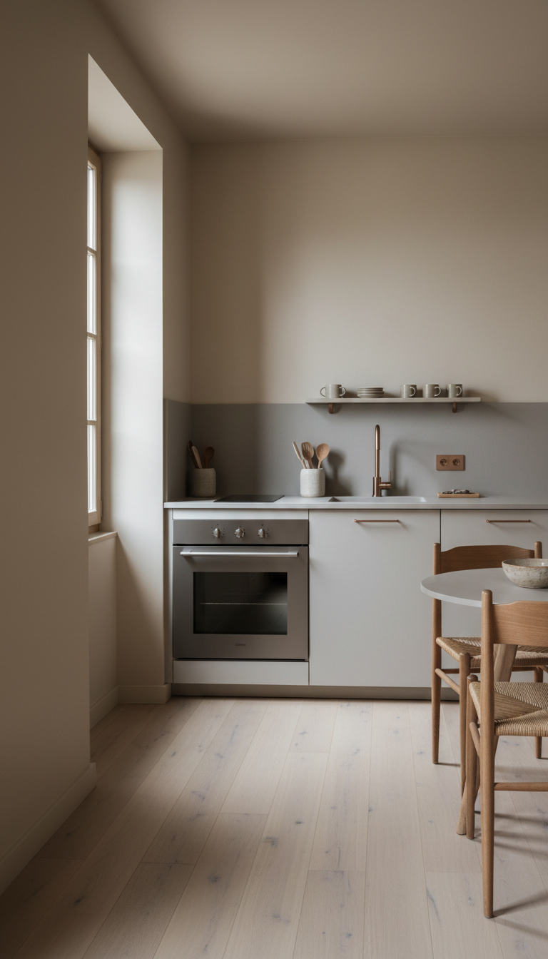 A cozy, minimalist living space inside the gîte showing a refined open-plan area with pale wood flooring and soft beige walls. The focal point is a compact kitchenette with a gleaming small oven and an integrated dishwasher, tastefully complemented by subtle metallic and ceramic fixtures. Gentle natural light filters through a nearby window, creating understated gradients across smooth surfaces. The setting is uncluttered, with carefully placed kitchen utensils and a small dining table awaiting use. Captured in photographic realism with a balanced composition and shallow depth of field, the mood is warm, functional, and elegantly inviting, reflecting sophisticated seasonal rental living.