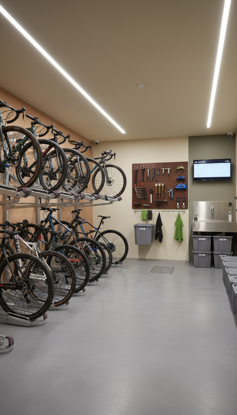 An immaculately organized, secured bicycle storage room inside a mountain gîte, featuring clean metal racks, a subtle concrete floor, and walls in soft neutral tones. The space is well-lit by diffused ceiling lights, gently illuminating tools neatly arranged on a wall-mounted board and a compact washing station. Muted hues dominate the image, with elegant composition using minimalist elements to create a sense of order and sophistication. The camera angle is eye-level and slightly off-center, emphasizing both depth and functionality. The atmosphere is calm and practical, with a refined, purposeful vibe tailored for cyclists seeking comfort and care.