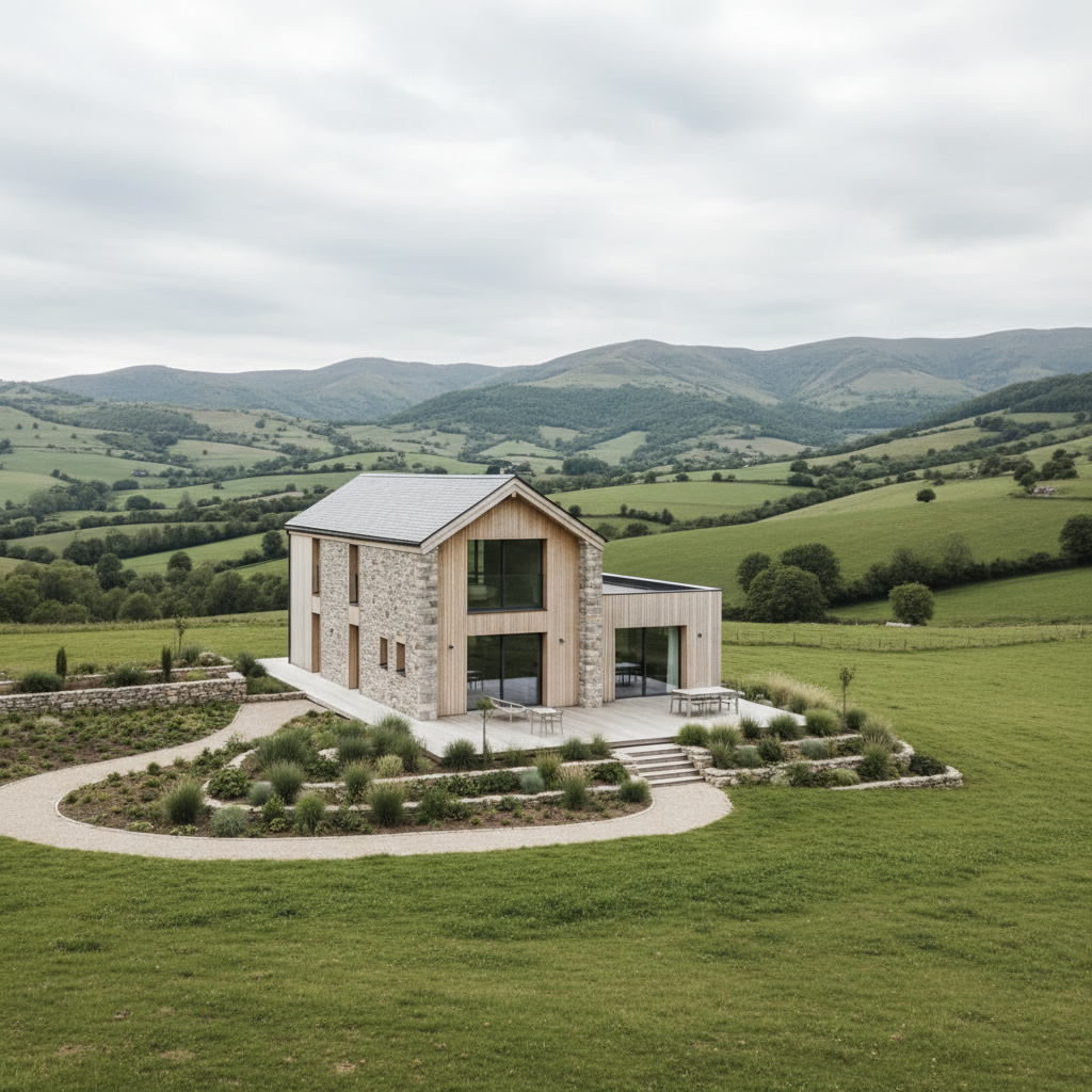 A sophisticated mountain gîte with stone walls and pale wood accents presented in a minimalist, photographic style. The building is nestled among lush green prairies, framed by rolling hills of the piémont pyrénéen visible in the distance. Muted color palette with gentle gradients of greenery and natural stone textures, balanced by elegant landscaping. Diffused overcast light subtly highlights architectural details and softens shadows on the façade. The composition uses a centered, slightly elevated perspective to convey balance and tranquility. The mood is peaceful, refined, and inviting, perfectly evoking a serene retreat in the heart of nature. 