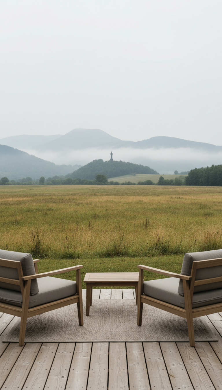 A serene exterior view from the private terrace of a gîte, featuring elegant simple outdoor furniture crafted from matte-finished wood and muted cushions. The terrace overlooks sweeping meadows leading up to misty piémont hills, with the iconic silhouette of the Vierge du Bédat visible on a distant rise. Overcast, diffused natural light enhances the subtle color transitions in the landscape. Captured from a low, wide angle to enhance depth and draw the eye toward the rolling horizon. The atmosphere is tranquil and contemplative, with a minimalist and refined aesthetic, perfect for a quiet mountain escape.